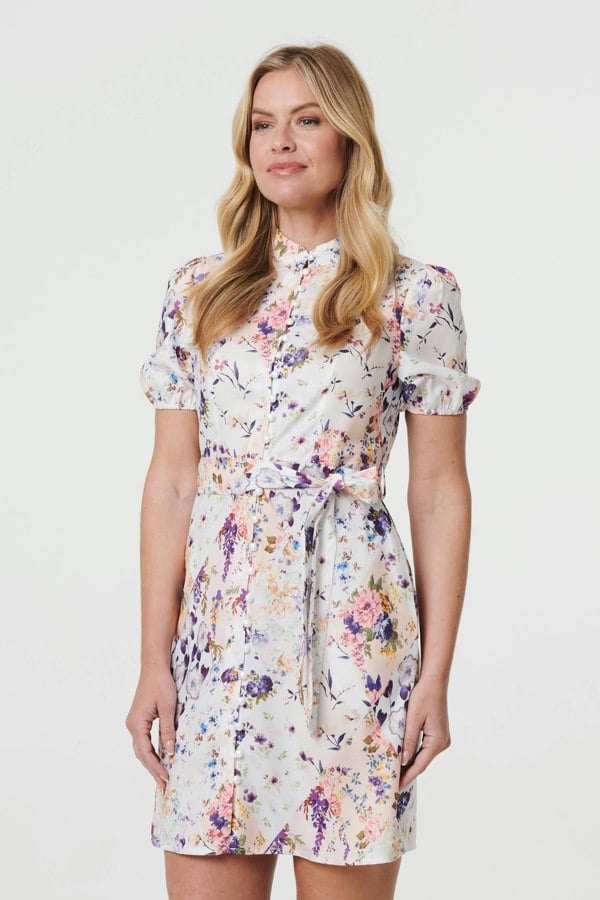 White | Floral High Neck Tie Waist Short Dress
