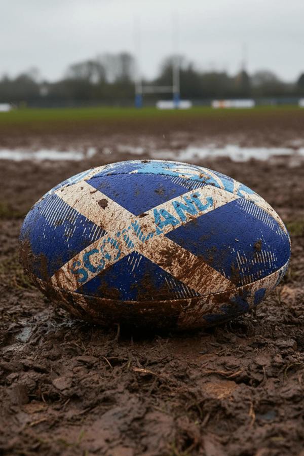 Navy Optimum Scotland rugby ball with white saltire cross and SCOTLAND print, muddy on a pitch - Optimum