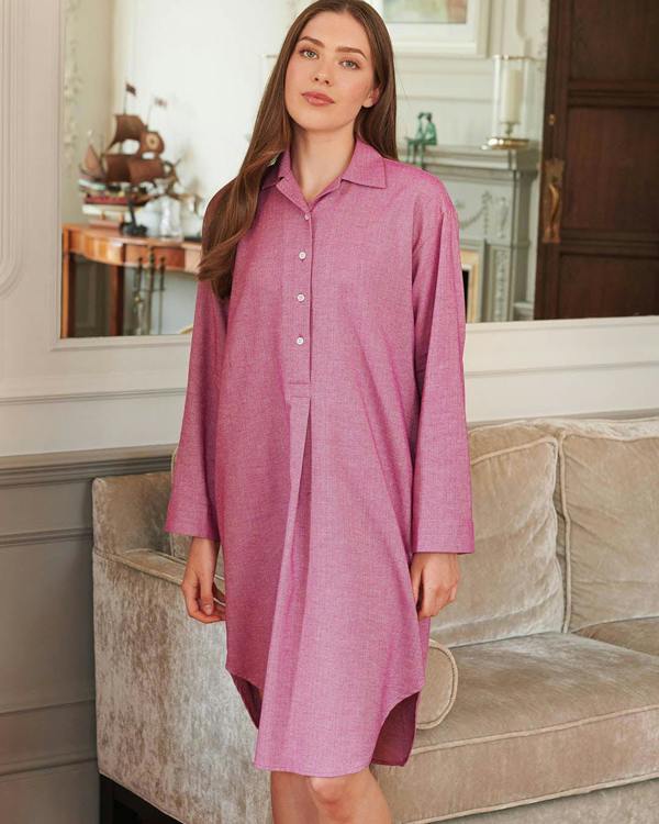 British Boxers Women's Brushed Cotton Nightshirt – Dusty Pink Herringbone