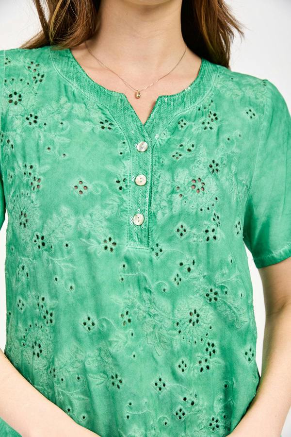 Mudflower Acid Wash Embroidery Anglaise Embellished Top