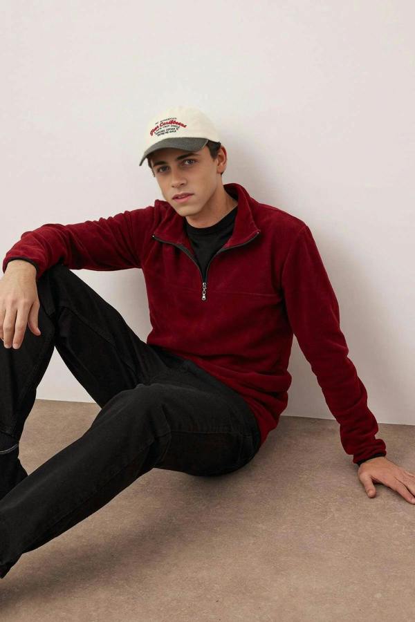 WOVCOR Regular Stand Collar Zippered Polar Fleece Men's Sweatshirt with Stitching Details