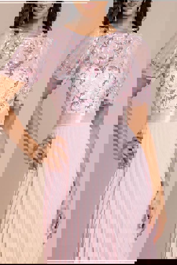 Embroidered Top Chiffon Pleated Midi - Blush Pink DR3802