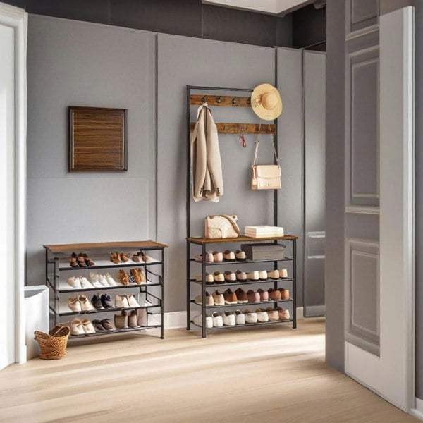 Modcraft Industrial Coat Stand with Shoe Storage - Hall Tree with 9 Hooks