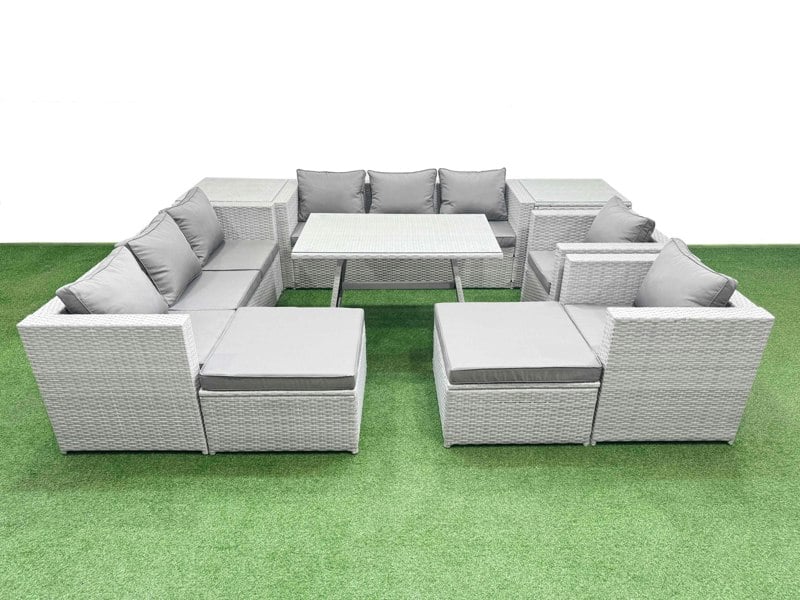 Fimous 10 Seater Garden Furniture Set PE Rattan Garden Sofa Set with Rectangular Dining Table 2 Big Stool 2 Side Tables Light Grey