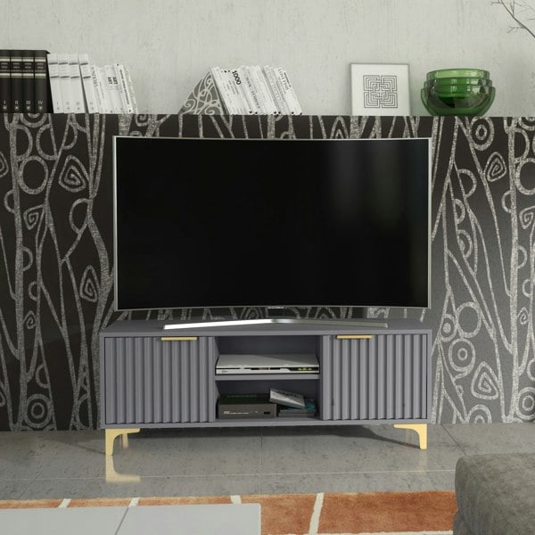 Mex Furniture 120cm TV Unit with Ribbed Fronts and Gold Accents - Bold Grey