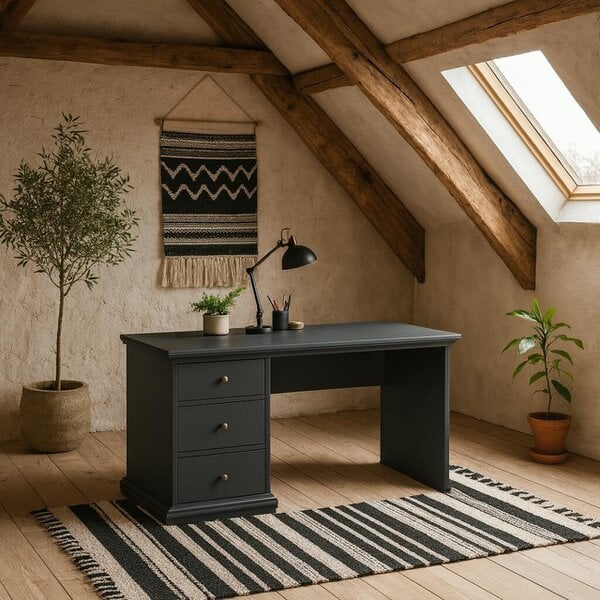 Wyld Haus Osaka Farmhouse Dark Grey Wooden Desk 3 Drawers