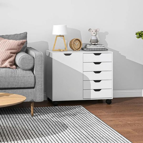 White rolling office storage cabinet with side drawers and caster wheels