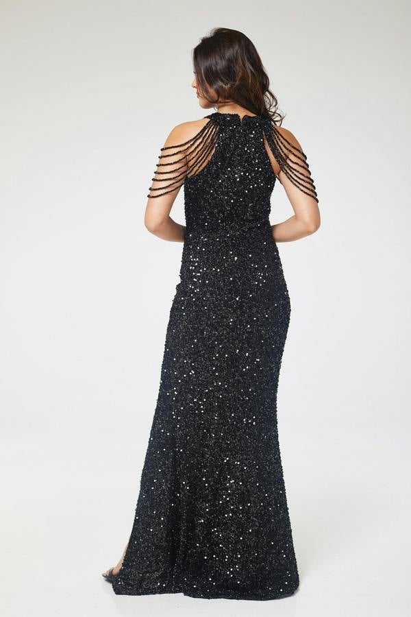 LuvForever Asteria - Black Halterneck Jewelled Shoulder Sequin Maxi Dress