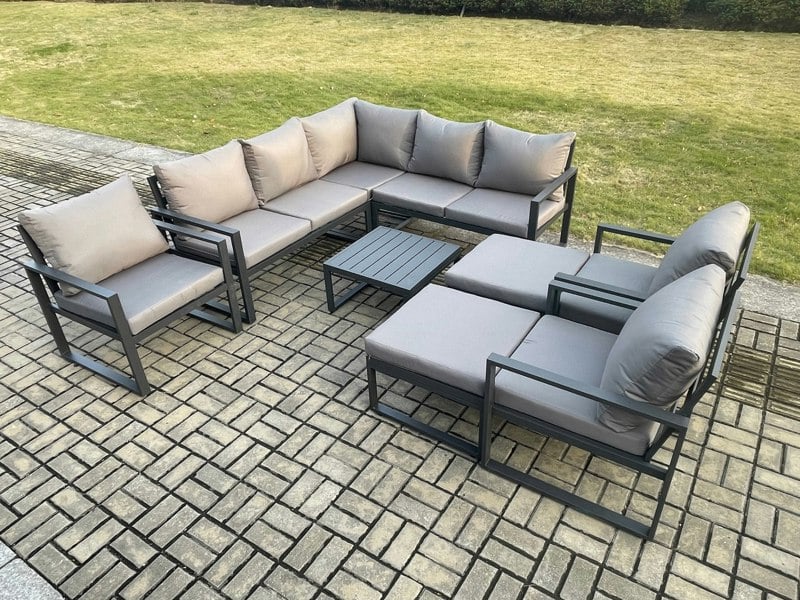 Fimous 10 Seater Outdoor Aluminium Garden Furniture Set Corner Lounge Sofa Set with Square Coffee Table Chair 2 Big Footstools Dark Grey