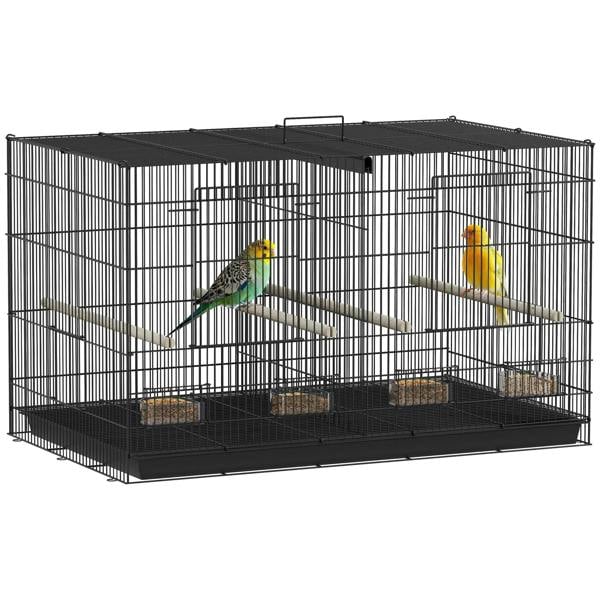 Black wire bird cage with divider, wooden perches and feeder cups, with slide-out tray