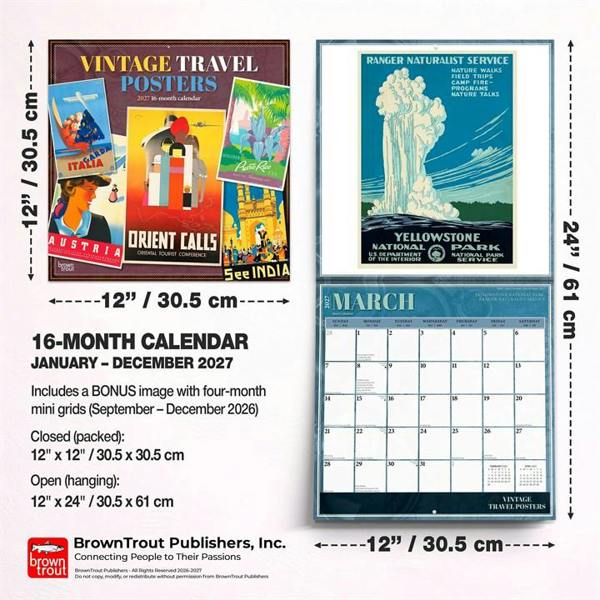 Vintage Travel Posters Calendar 2027, Wall Calendars, Month To View, Travel, Gift