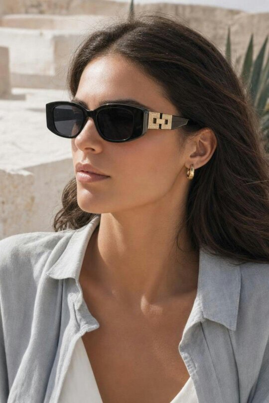 SVNX Rectangle Cateye Side Detail Sunglasses In Black/Gold