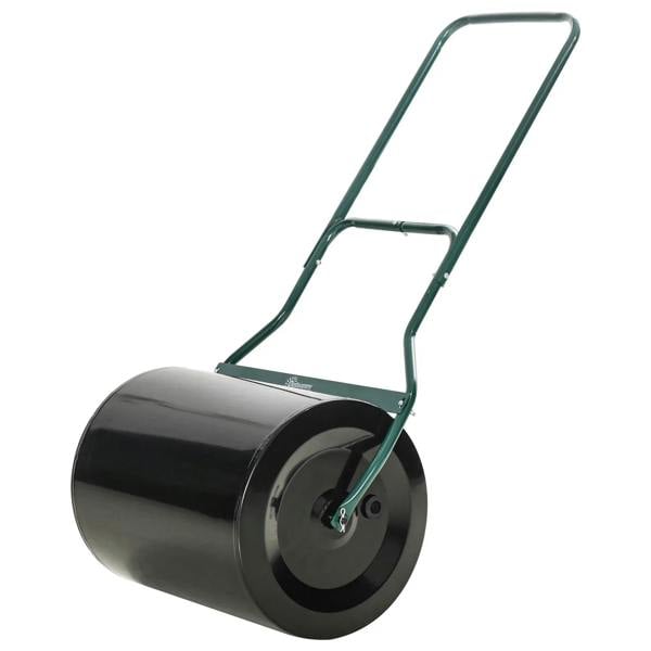 Black steel lawn roller with wide cylinder and green push-pull handle frame