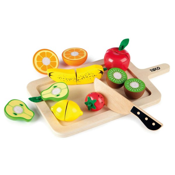 Tidlo Wooden Cutting Fruits Set - 7 Pieces Of Fruit, 1 Chopping Board & 1 Kitchen Utensil