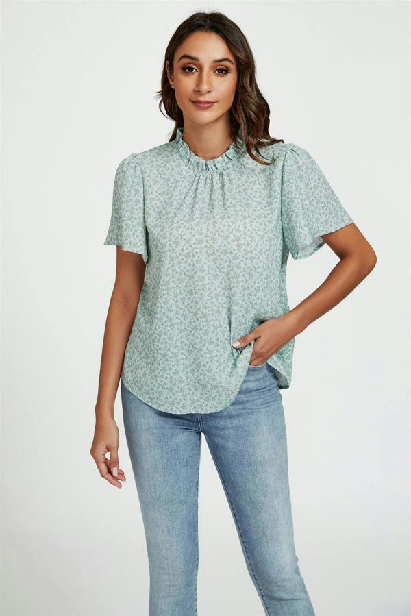 FS Collection Grey Little Floral Print Angle Sleeve High Neck Top/Blouse In Blue