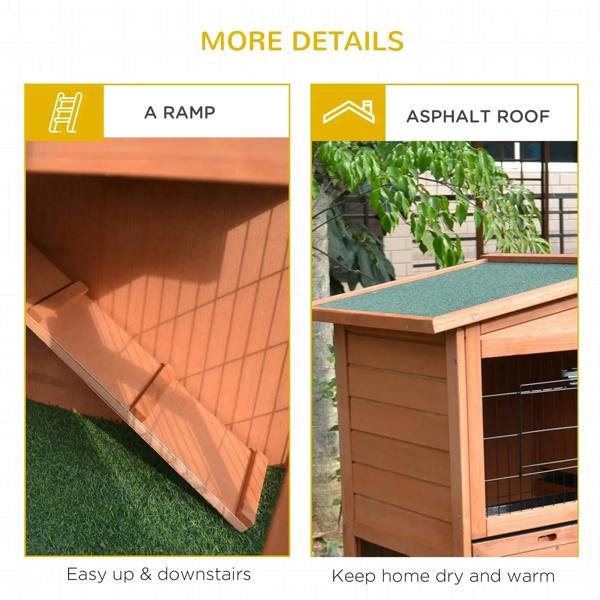 Rabbit hutch details: sloped access ramp and green-topped roof on a natural wood frame