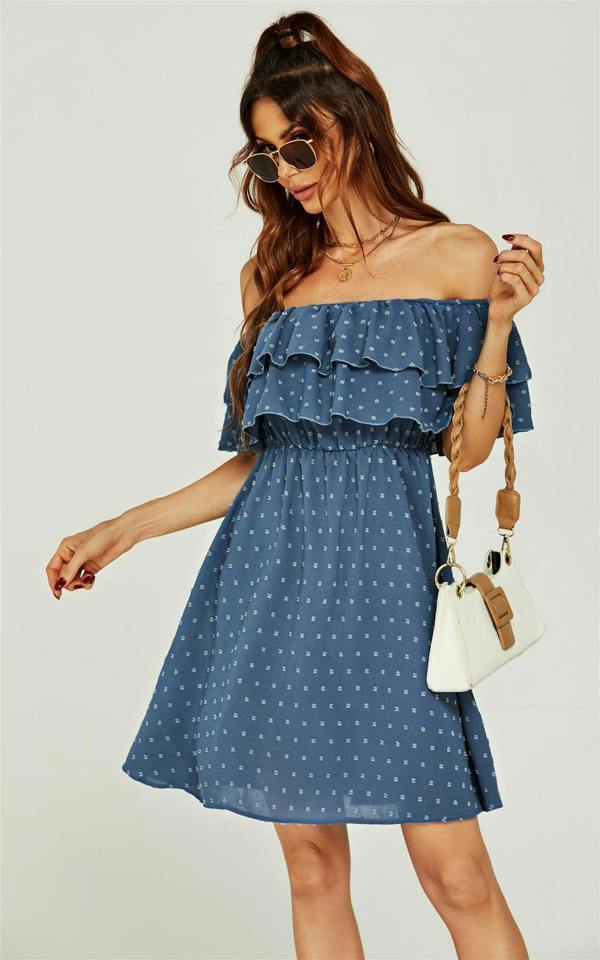 FS Collection Bardot Frill Mini Dress In Blue