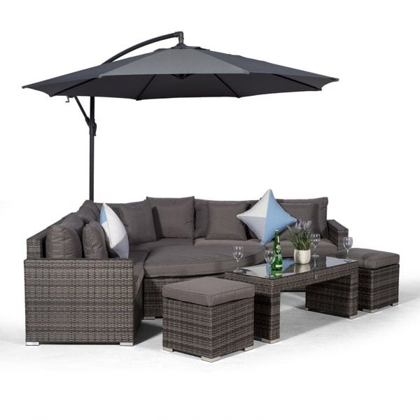 Giardino Santorini L Shape Modular 5 Seat Rattan Corner Sofa Set With Daybed Ottoman, Large Coffee Table & 2 Stools