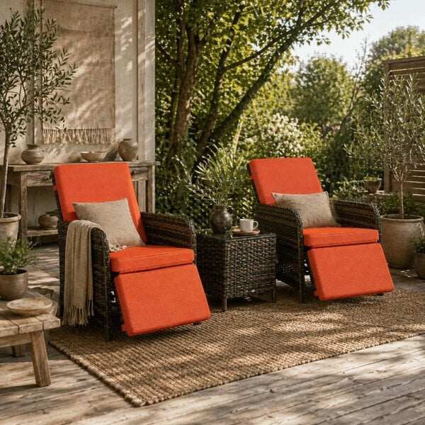Wyld Haus Haridi Brown Rattan and Orange 3 Piece Bistro Set With Cushions And Storage Table