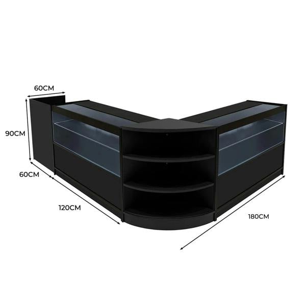 Eclipse LED Shop Counter Set in black features a modern design with glass display shelves, measuring 180cm wide and 90cm tall