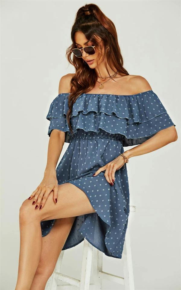 FS Collection Bardot Frill Mini Dress In Blue