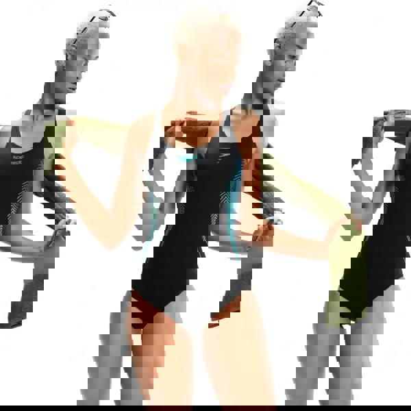 Black Speedo placement muscleback swimsuit with teal accents