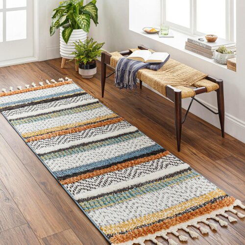 Livabliss Lofty LOF2304 Shaggy Off-White Black Yellow Vintage Boho Plush Soft Pile Fringe Rug