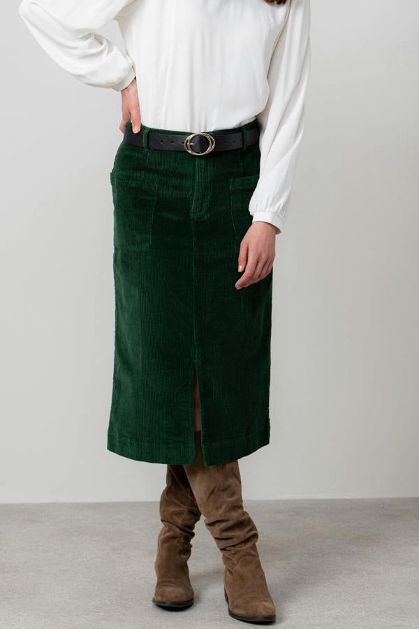 Lily & Me Penrose Stretch Jumbo Cord Midi Skirt Pine Green