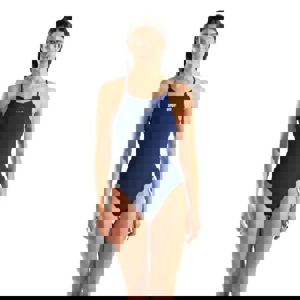 Navy Arena Tie Back solid swimsuit with black straps, chlorine resistance