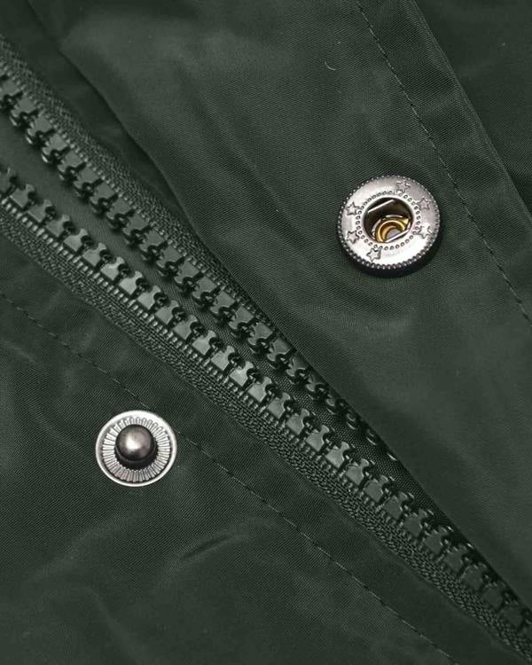 Lambretta Heaton Mens Shower-Resistant Mod Ska Hooded Lightweight Jacket Coat, close-up of the black zipper and snap buttons on the green fabric showing the jacket's detailed design and construction.