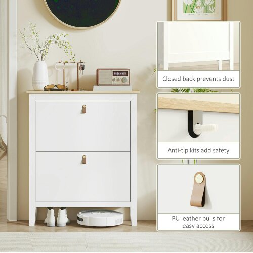 Wyld Haus Rimi Wooden White and Natural 2 Drawer Shoe Cabinet Faux Leather Handles