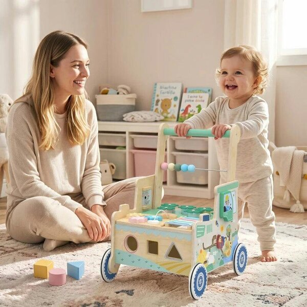 Wooden Baby Walker for 1-3 Year, Montessori Inspired Push Along Walker Toys, Multifunctional Activity Centre - Green