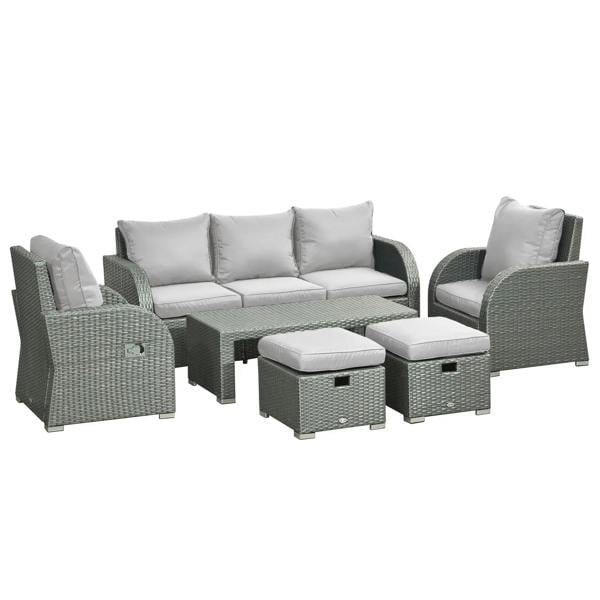 Light grey outdoor rattan dining set with reclining armchairs, sofa, and padded ottoman stools