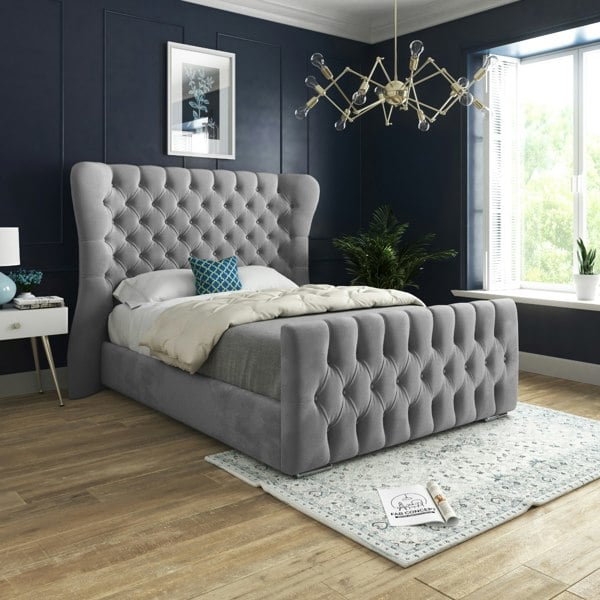 Casa Magna Parma Wide Curved Winged Upholstered Soft Velvet Bed Frame - Grey