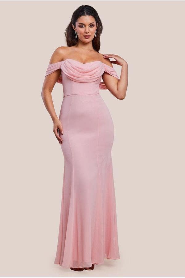 Chiffon Bardot Cowl Neck Maxi Dress - Blush DR2781A