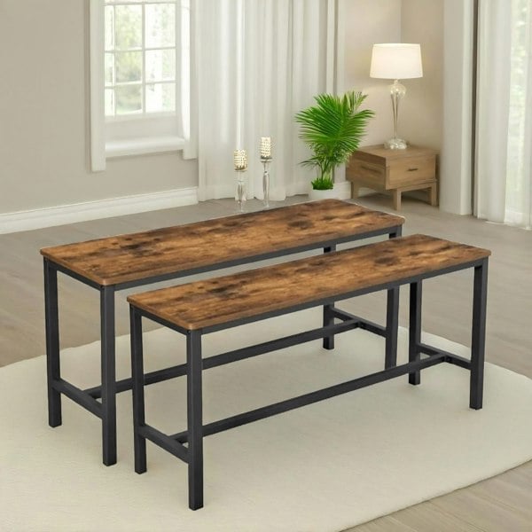 Rafaelo Mobilia 2PC Industrial Dining Benches Indoor Outdoor Rustic Brown