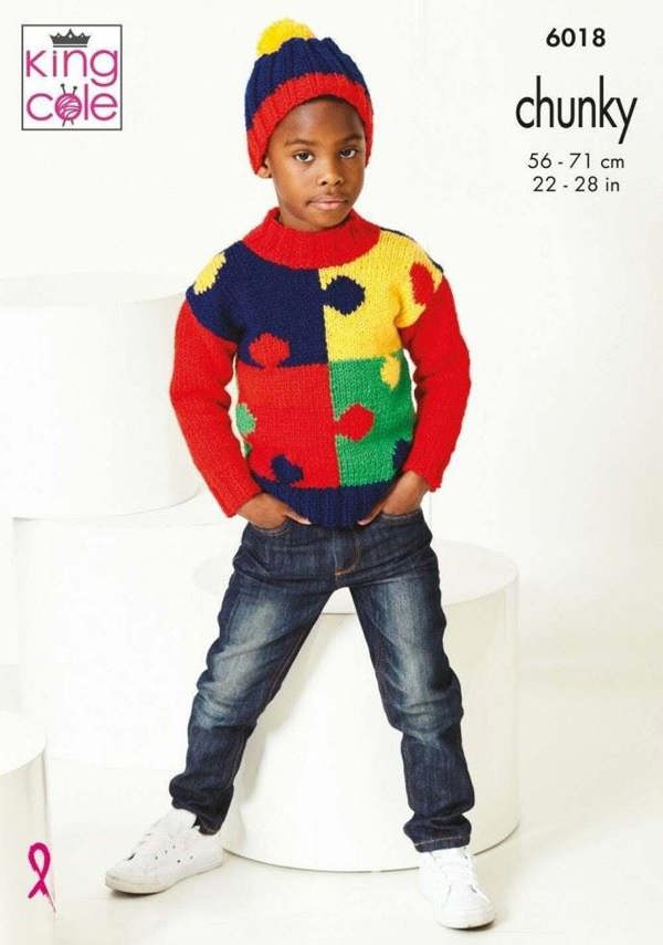 King Cole Big Value Chunky Knitting Pattern 6018, Sweaters, Headwear for Kids, 22 - 28 Inches
