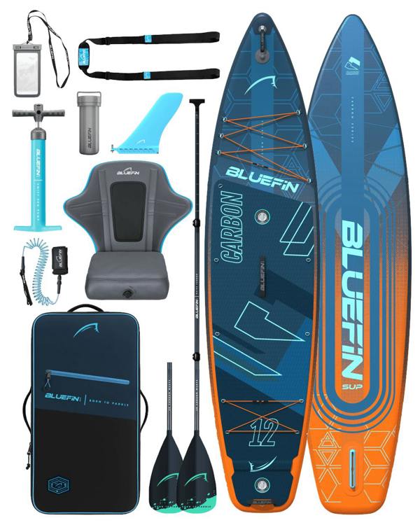 Bluefin Carbon paddle board with accessories including a bag, fin, inflatable kayak seat, carry strap, waterproof phone case, paddle, pump, repair kit and ankle leash
