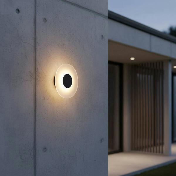 black wall outdoor lamp mounted on the concrete exterior wall of a modern home