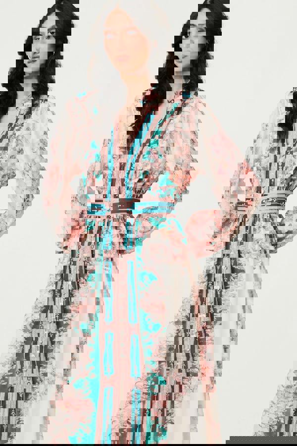 Green | Border Print V-Neck Buttoned Maxi Dress