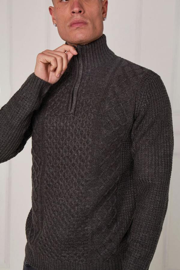 Men’s Half Zip Cable Knit Textured Jumper