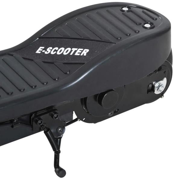 Black scooter deck side view with E-SCOOTER marking and kickstand mechanism