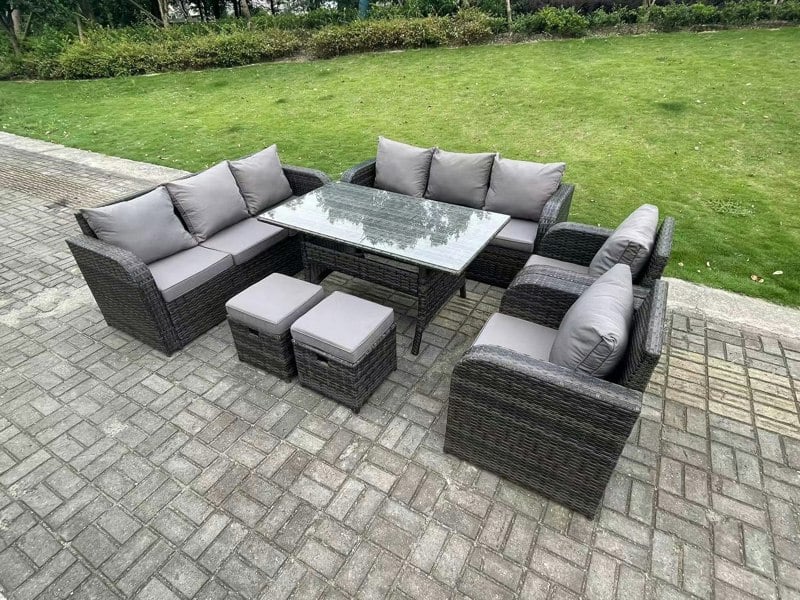Fimous 10 Seater Dark Grey PE Wicker Rattan Garden Furniture Set Reclining Chair Lounge 3 Seater Sofa Set Outdoor Rectangular Dining Table Stools