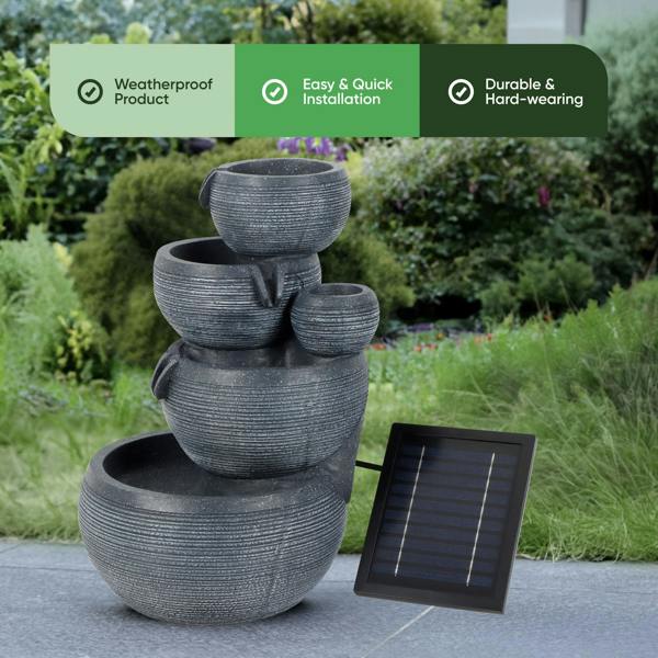 Gardenwize Solar Powered 4-Tier Cascading Bowl Water Feature with Battery Backup & LED Lights, Self-Contained Outdoor Garden Water Feature