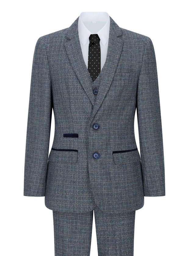 Paul Andrew Boys 3 Piece Blue Tweed Check Vintage Retro Suit