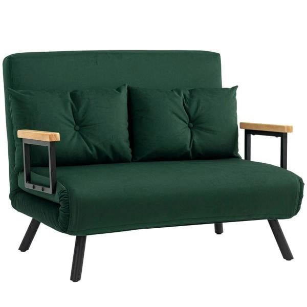 Green velvet-feel double sofa bed with pillows, tufted back, wooden armrests