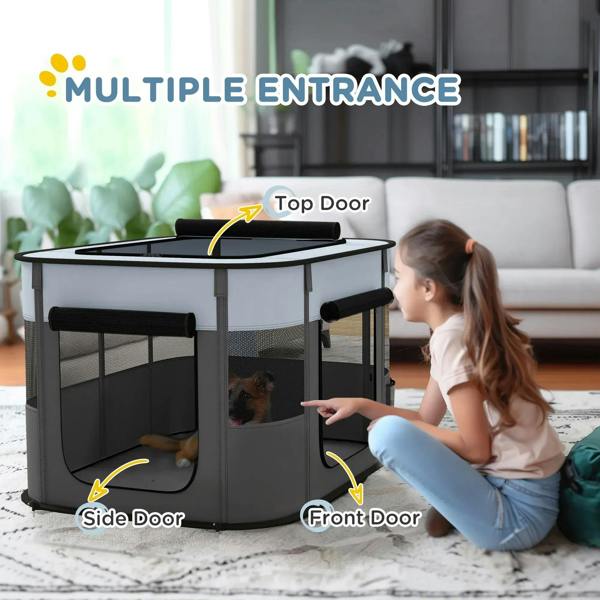 Grey foldable dog pen with top door, front and side doors, and mesh panels
