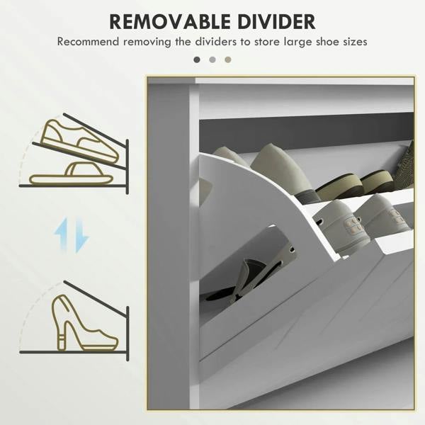 Shoe storage bench interior with removable divider and shoes in compartments
