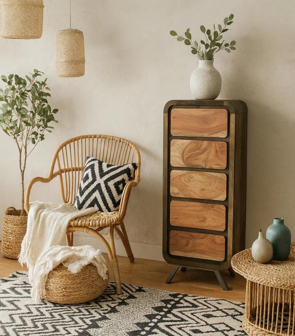 Wyld Haus Los Angeles Reclaimed Wood and Metal 5 Drawer Tallboy Storage Chest