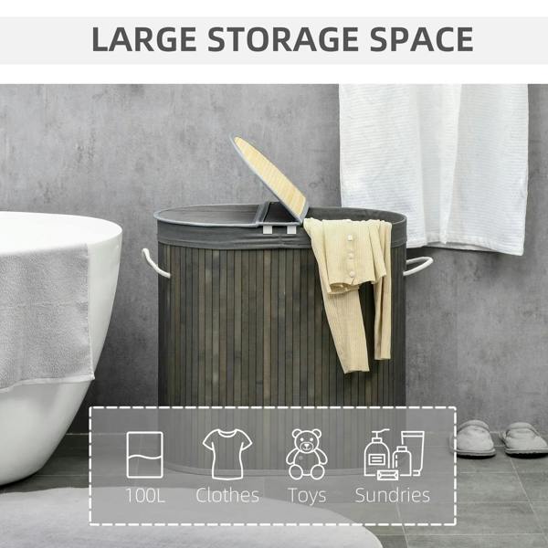 Grey bamboo laundry basket with lid, large storage capacity icons overlay